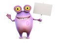 A pink spotted monster holding sign. Royalty Free Stock Photo