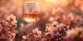 Pink spring abstract background with blossoming trees and glass of wine. Generative AI Royalty Free Stock Photo