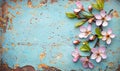 Pink spring blossom on rustic blue background, ideal for springtime greetings or Easter projects Royalty Free Stock Photo