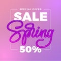 Pink Spring Sale Banner. 50 Off on violet packground. Special offer typography. Template for ad, sale banner, Poster, Flyer. Vecto