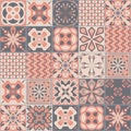 Pink square seamless pattern, spanish tiles Azulejo talavera, pastel gray vintage ornate decoration, vector illustration