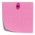 Pink square sticky note, with a pink pin, isolated
