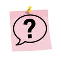 Pink sticky note with question mark speech bubble isolated on white background Royalty Free Stock Photo