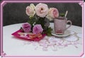 Pink still life with roses in a pink frame. Royalty Free Stock Photo