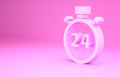 Pink Stopwatch 24 hours icon isolated on pink background. All day cyclic icon. 24 hours service symbol. Minimalism