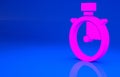 Pink Stopwatch icon isolated on blue background. Time timer sign. Chronometer sign. Minimalism concept. 3d illustration