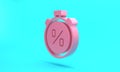 Pink Stopwatch with percent discount icon isolated on turquoise blue background. Time timer sign. Minimalism concept. 3D