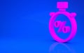 Pink Stopwatch and percent icon isolated on blue background. Time timer sign. Minimalism concept. 3d illustration. 3D