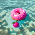 pink strawberry doughnut and strawberry are swimming on water.Generative ai Royalty Free Stock Photo