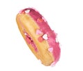Pink strawberry glazed round donut with sprinkles isolated. Side view Royalty Free Stock Photo