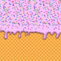 Pink Strawberry Ice-cream Melted On Waffle Background. Pink Ice Cream Melted With Colorful Cute Candy Sprinkles. Vector
