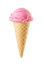 Pink strawberry ice cream scoop served on a waffle sugar cone isolated on white Royalty Free Stock Photo