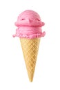 Pink strawberry ice cream scoops served on a waffle cone isolated on white Royalty Free Stock Photo