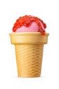 Pink strawberry ice cream with syrup topping in a sugar crispy waffle cone isolated on white Royalty Free Stock Photo