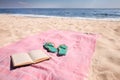 Pink striped beach towel, flip flops and book on sandy seashore Royalty Free Stock Photo