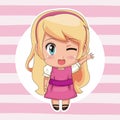 Pink striped color background with circular frame and cute anime girl wink expression greeting with blond long hairstyle