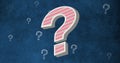 Pink striped question mark symbol against multiple question mark icons on blue background
