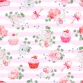 Pink striped seamless vector pattern with fresh pastries, bouquets of flowers and keys with red bows. Royalty Free Stock Photo