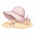 Pink Striped Sun Hat and Sandcastle on Beach Royalty Free Stock Photo