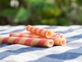 Pink striped wafer rolls on blue plaid tablecloth. The background is green from tree and light bokeh Royalty Free Stock Photo
