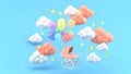 Pink Stroller and floating balloons surrounded by clouds and stars on a blue background