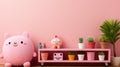 A pink stuffed animal sitting next to a shelf with potted plants. Generative AI image.