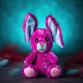A pink stuffed rabbit sitting on top of a table. Generative AI image.