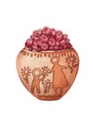 Pink Succulent plant, greenery cactus, tropical plants in a ceramic ethnic pot, image of people. Hand drawn watercolor
