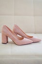 pink suede women& x27;s shoes with heels. shoes for the bride. Royalty Free Stock Photo