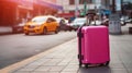 Pink suitcase on the city street ready to pick by airport transfer taxi car. Generative AI Royalty Free Stock Photo