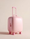 Pink hard-shell suitcase with retractable handle and wheels, positioned on a light beige background Royalty Free Stock Photo