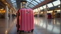 Pink suitcases in departure lounge, airport in background, summer vacation concept Royalty Free Stock Photo