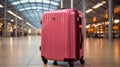 Pink suitcases in departure lounge, airport in background, summer vacation concept Royalty Free Stock Photo