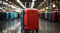 Pink suitcases in departure lounge, airport in background, summer vacation concept Royalty Free Stock Photo