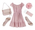 Pink summer dress, shoes and accessories collage isolated on white Royalty Free Stock Photo