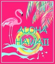 Pink poster with Aloha Hawaii lettering, neon palm leaves, flamingo and sun