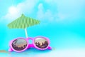 Pink Sunglasses reflection sunset at palm tree landscape scene w