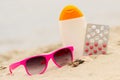 Pink sunglasses, shells, lotion and pills of vitamin E, seasonal concept