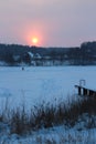 Pink Sunrise Over Frozen Lake. Royalty Free Stock Photo