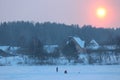 Pink Sunrise Over Frozen Lake. Royalty Free Stock Photo