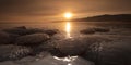 Pink sunrise over the ice of frozen lake Baikal Royalty Free Stock Photo