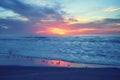 Pink sunset on the beach. Blue sea, cloudy sky, and flock of sandpiper birds