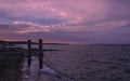 Pink sunset cloudscape over the horizon with trees in distance and three large poles in the blurred foreground