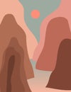 Pink sunset mountain landscape. Modern boho decor wallpaper