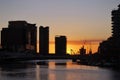 Pink sunset over skyscrapers of Melbourne downtown, Yarra River