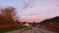 Pink sunset on the road in Tingvoll in Norway