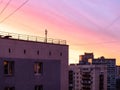 Pink sunset sky over apartment houses in Moscow Royalty Free Stock Photo