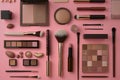 Pink Surface With Various Makeup Products and Brushes Royalty Free Stock Photo