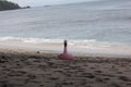 pink swan-shaped children's swimming float on the beach