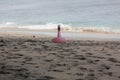 pink swan-shaped children's swimming float on the beach